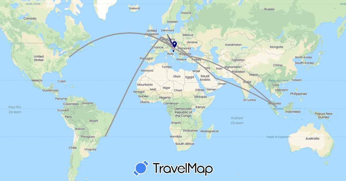 TravelMap itinerary: driving, plane in Austria, Brazil, Germany, Croatia, Ireland, Malaysia, Netherlands, Qatar, Singapore, Turkey, United States (Asia, Europe, North America, South America)