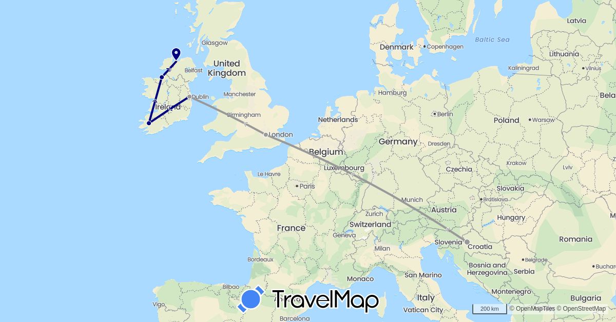 TravelMap itinerary: driving, plane in United Kingdom, Croatia, Ireland (Europe)